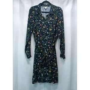 J‎ Jill Midi Womens XL Navy Floral Tie Waist Button Front Shirt Dress Collared